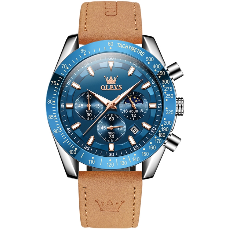 Olevs Men Luminous Waterproof Leather Strap Quartz Watch Blue