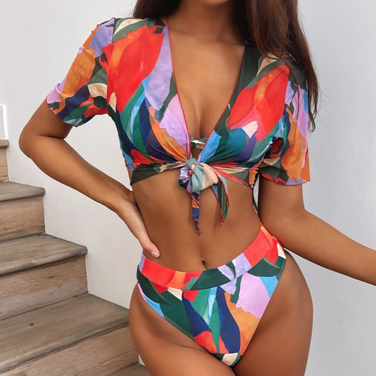 3 In 1 Quadratisch Print Bikini Damen Split Swimsuit Set Mit Kurzer