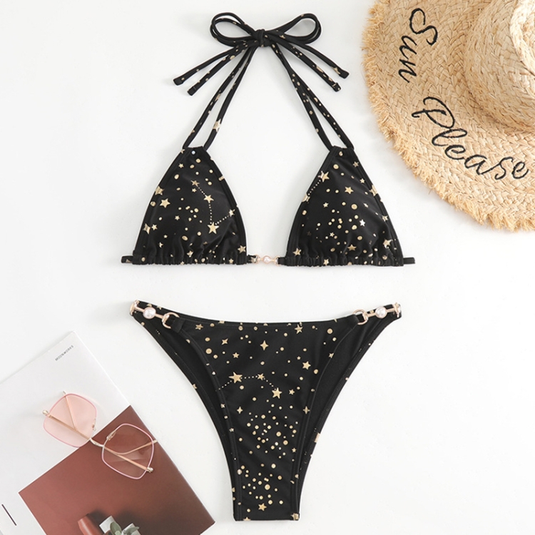 Woman Sexy Star Gilding Two Piece Bikini Swimsuit Size S Black