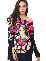 Magenta Portrait Pattern Long Sleeve Dress 