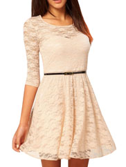 Ladies Sexy Lace Perspective Round Neck Bodycon Dress(Beige) 