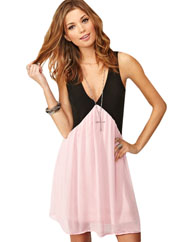Pink Fashion V Neck Color Block Splicing Halter Sleeveless Chiffon Dress 
