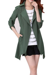 Green Ladies Solid Color Lapel Causal Windbreaker 