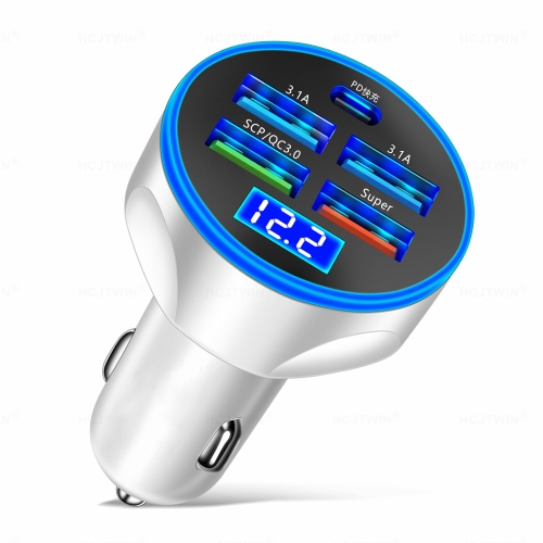 

WGS-G37 5 in 1 Digital Display Super Fast Charging Car Charger with Voltmeter (White)