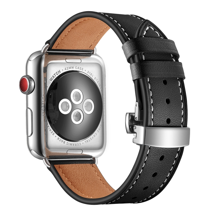 Genuine Leather + Butterfly Silver Buckle Watch Band For Apple Watch Series 7 41mm / 6 & SE & 5 & 4 40mm / 3 & 2 & 1 38mm(Black)
Genuine Leather + Butterfly Silver Buckle Watch Band For Apple Watch Series 7 41mm / 6 & SE & 5 & 4 40mm / 3 & 2 & 1 38mm(Black)