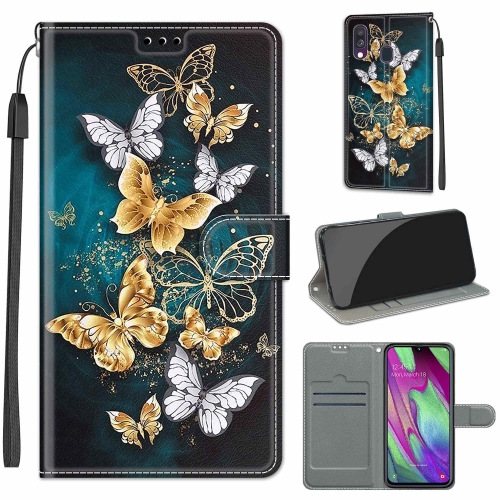 

For Samsung Galaxy A40 Voltage Colored Drawing Magnetic Clasp Horizontal Flip PU Leather Case with Holder & Card Slots(C20 Gold Silver Flying Butterflies)