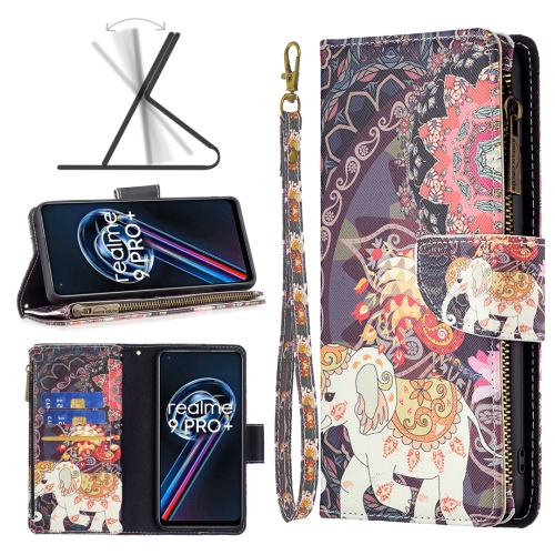 

For OPPO Realme 9 Pro+ Colored Drawing Pattern Zipper Leather Phone Case(Flower Elephants)