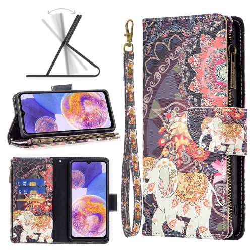 

For Samsung Galaxy A23 5G Colored Drawing Pattern Zipper Leather Phone Case(Flower Elephants)