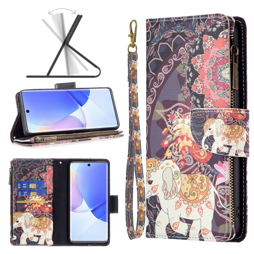 

For Honor 50 / Huawei nova 9 Colored Drawing Pattern Zipper Leather Phone Case(Flower Elephants)