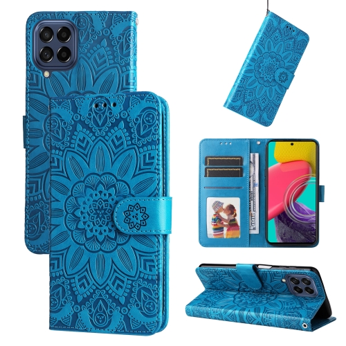 

For Samsung Galaxy M53 5G Embossed Sunflower Leather Phone Case(Blue)