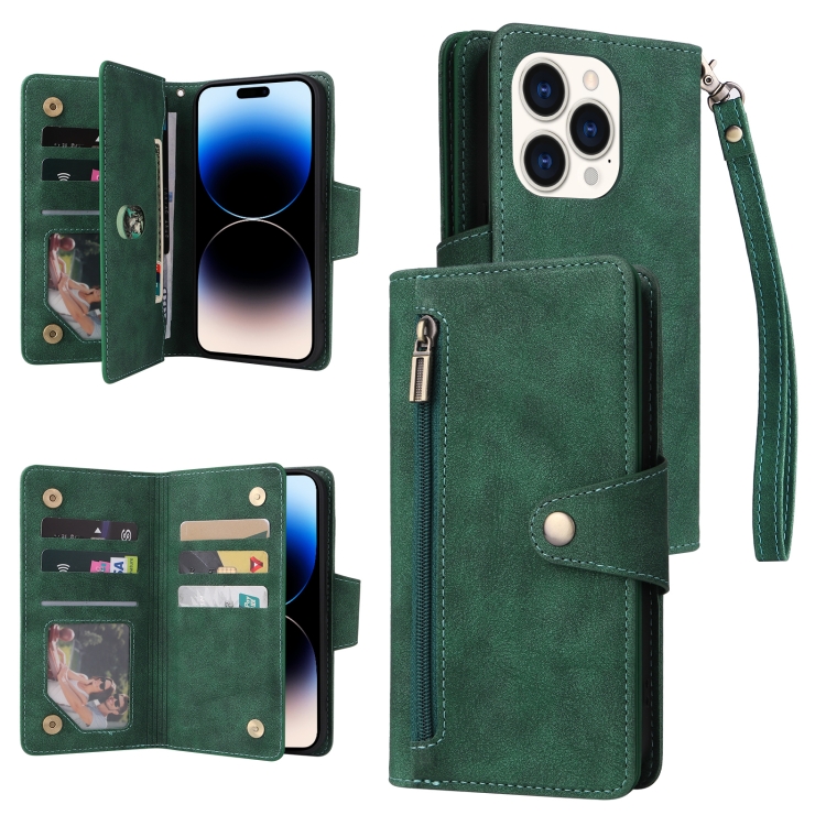 For iPhone 14 Pro Max Rivet Buckle 9 Cards Three Fold Leather Phone Case (Green)
For iPhone 14 Pro Max Rivet Buckle 9 Cards Three Fold Leather Phone Case (Green)