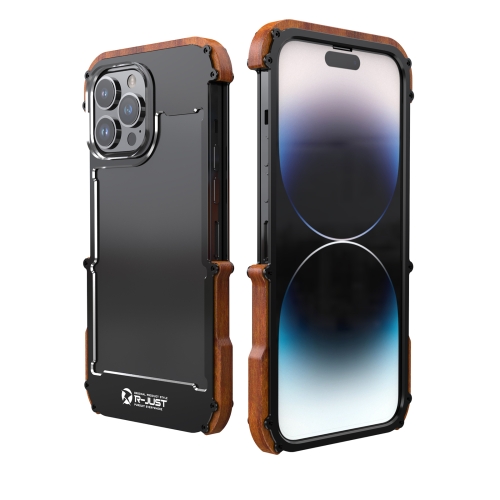 

For iPhone 14 Pro Max R-JUST Ironwood Generation Metal + Wood Phone Case