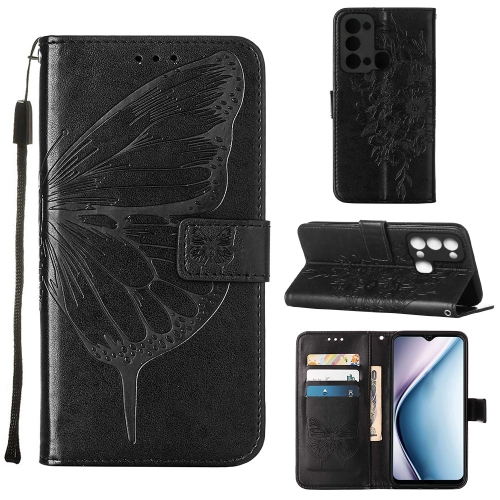 

For Itel P38/S17/S1661W/Vision 3 Embossed Butterfly Flip Leather Phone Case(Black)