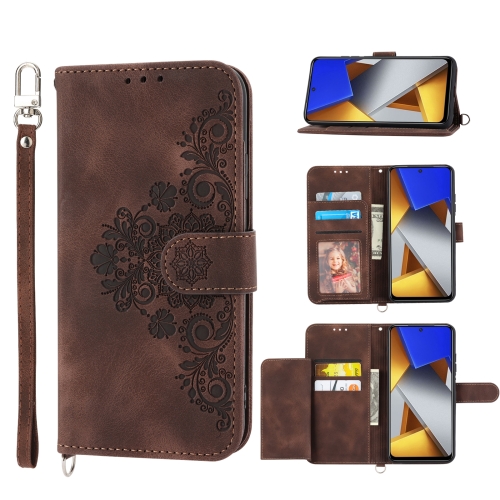 

For Xiaomi Poco X4 Pro 5G Skin-feel Flowers Embossed Wallet Leather Phone Case(Brown)