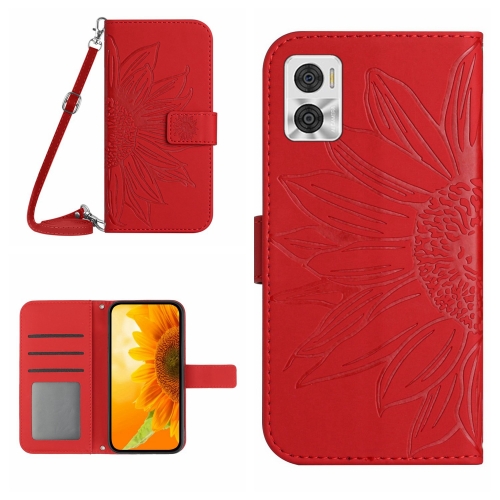 

For Motorola Moto E22 4G/E22i 4G Skin Feel Sun Flower Pattern Flip Leather Phone Case with Lanyard(Red)