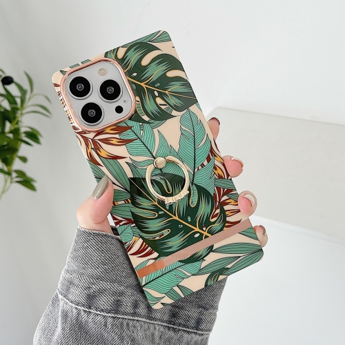 For iPhone 14 Plus Ring Holder Square Plating Gold Edge Phone Case(Green Leaf)
For iPhone 14 Plus Ring Holder Square Plating Gold Edge Phone Case(Green Leaf)