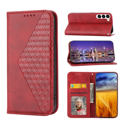 

For Samsung Galaxy S23+ 5G Cubic Grid Calf Texture Magnetic Leather Phone Case(Red)