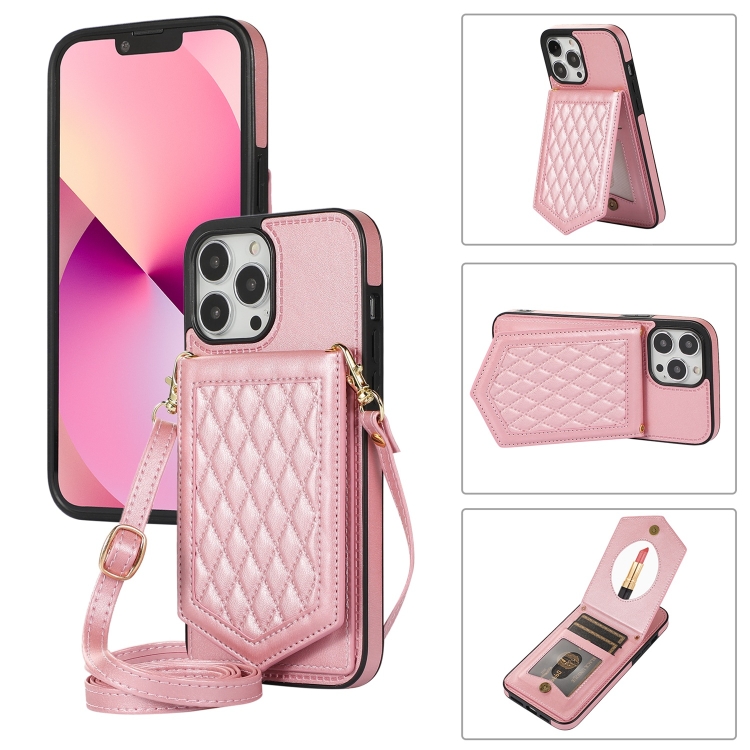 For iPhone 13 Pro Max Rhombic Texture RFID Phone Case with Lanyard & Mirror(Rose Gold)
For iPhone 13 Pro Max Rhombic Texture RFID Phone Case with Lanyard & Mirror(Rose Gold)
