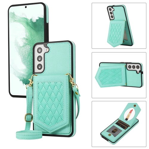 

For Samsung Galaxy S21 FE 5G Rhombic Texture RFID Phone Case with Lanyard & Mirror(Mint Green)