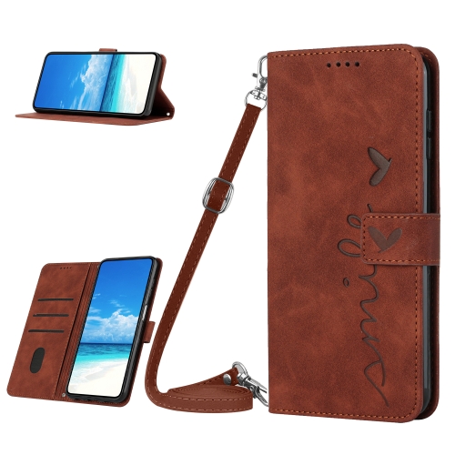 

For Sony Xperia 5 IV Skin Feel Heart Embossed Leather Phone Case with Lanyard(Brown)