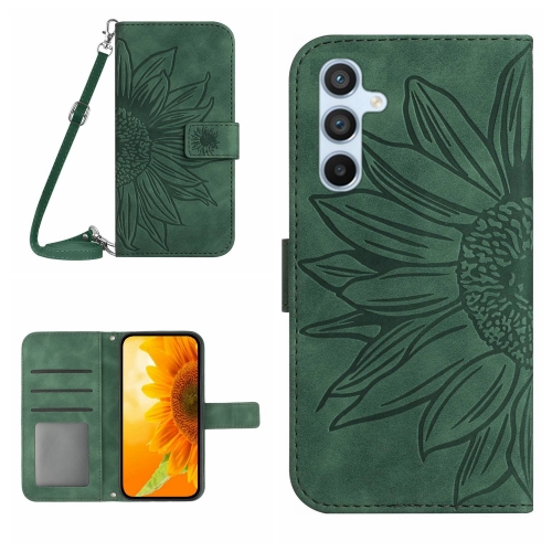 

For Samsung Galaxy A34 5G HT04 Skin Feel Sun Flower Embossed Flip Leather Phone Case with Lanyard(Green)