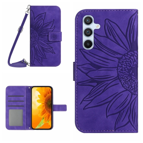 

For Samsung Galaxy A34 5G HT04 Skin Feel Sun Flower Embossed Flip Leather Phone Case with Lanyard(Dark Purple)