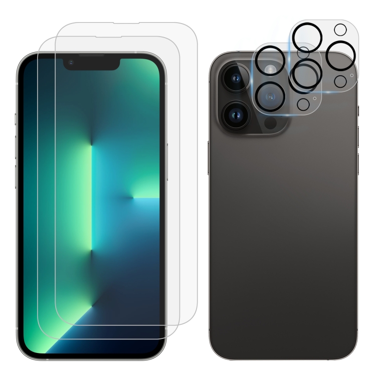 For iPhone 13 Pro Max 2pcs 0.26mm 9H 2.5D Tempered Glass Screen Film with 2pcs Lens Protector
For iPhone 13 Pro Max 2pcs 0.26mm 9H 2.5D Tempered Glass Screen Film with 2pcs Lens Protector