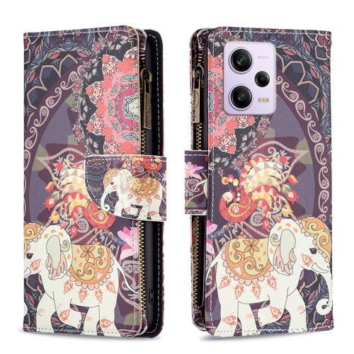 

For Xiaomi Redmi Note 12 Pro Global Colored Drawing Pattern Zipper Leather Phone Case(Flower Elephants)