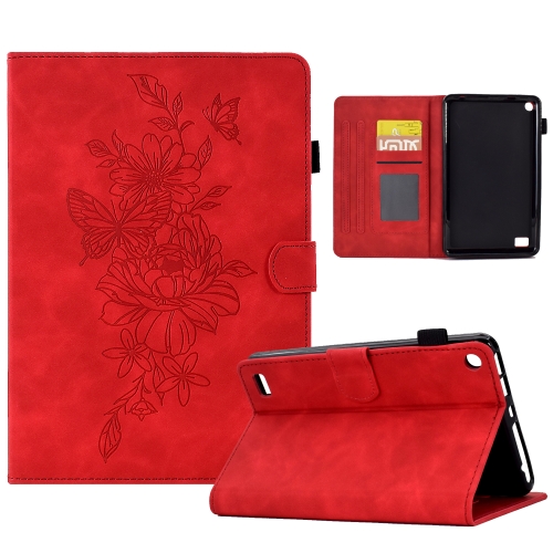 

For Amazon Kindle Fire 7 2019/2017/2015 Peony Butterfly Embossed Leather Smart Tablet Case(Red)