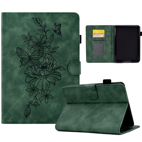 

For Amazon Kindle Paperwhite 4/3/2/1 Peony Butterfly Embossed Leather Smart Tablet Case(Green)