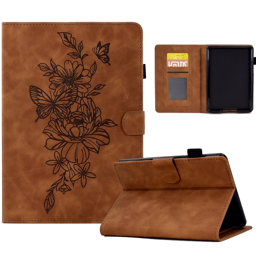 

For Amazon Kindle Paperwhite 5 Peony Butterfly Embossed Leather Smart Tablet Case(Brown)