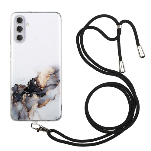 

For Samsung Galaxy A55 5G Hollow Marble Pattern TPU Phone Case with Neck Strap Rope(Black)