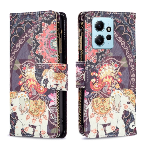 

For Xiaomi Redmi Note 12 4G Global Colored Drawing Pattern Zipper Leather Phone Case(Flower Elephants)