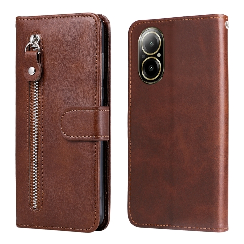 

For Realme C67 4G Global Fashion Calf Texture Zipper Leather Phone Case(Brown)