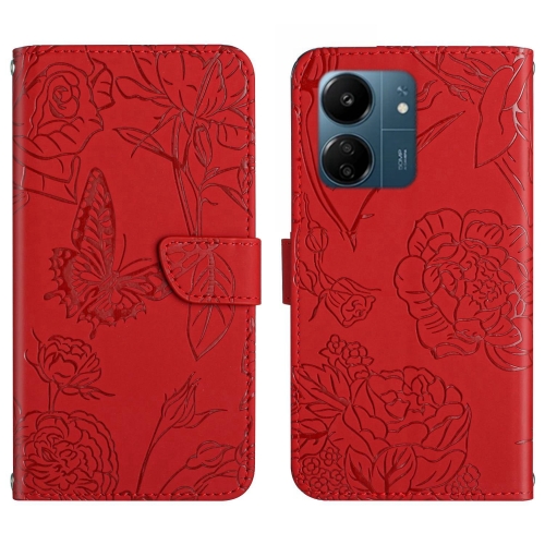 

For Xiaomi Redmi 13C 4G Skin Feel Butterfly Embossed Flip Leather Phone Case(Red)