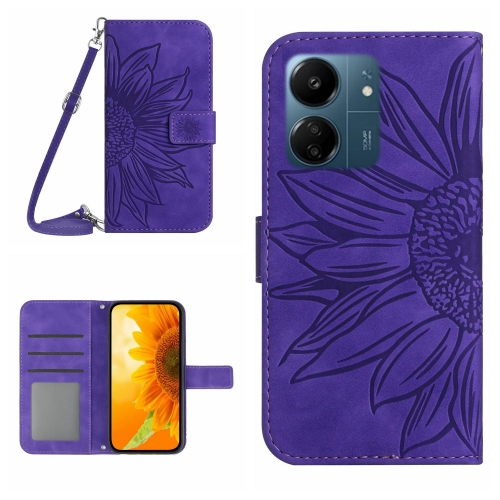 

For Xiaomi Redmi 13C 4G Skin Feel Sun Flower Embossed Flip Leather Phone Case with Lanyard(Dark Purple)