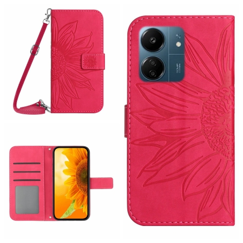 

For Xiaomi Redmi 13C 4G Skin Feel Sun Flower Embossed Flip Leather Phone Case with Lanyard(Rose Red)