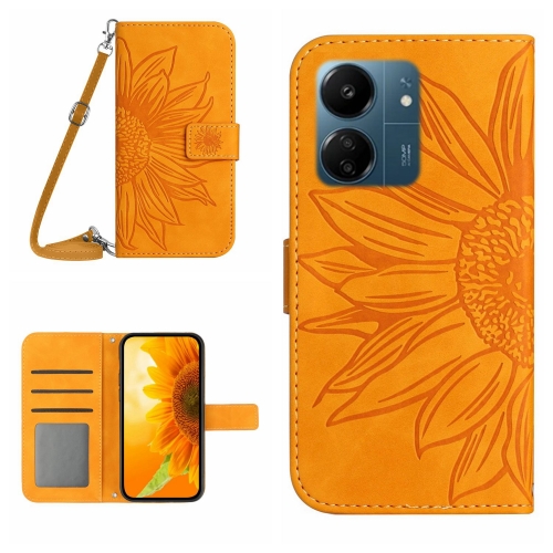 

For Xiaomi Redmi 13C 4G Skin Feel Sun Flower Embossed Flip Leather Phone Case with Lanyard(Yellow)