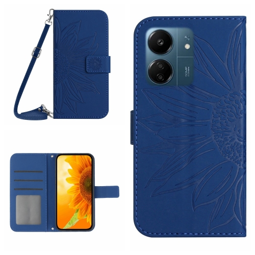 

For Xiaomi Redmi 13C 4G Skin Feel Sun Flower Embossed Flip Leather Phone Case with Lanyard(Dark Blue)