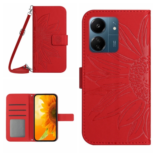 

For Xiaomi Redmi 13C 4G Skin Feel Sun Flower Embossed Flip Leather Phone Case with Lanyard(Red)