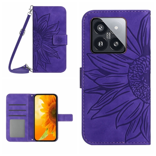 

For Xiaomi 14 Skin Feel Sun Flower Embossed Flip Leather Phone Case with Lanyard(Dark Purple)