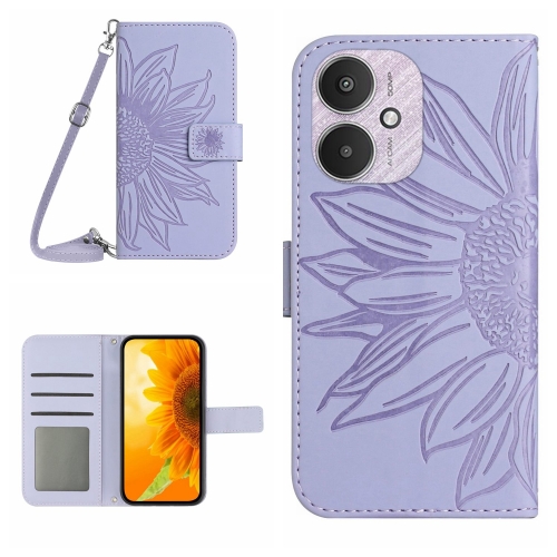 

For Xiaomi Redmi 13C 5G Skin Feel Sun Flower Embossed Flip Leather Phone Case with Lanyard(Purple)