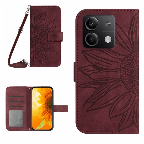 

For Xiaomi Redmi Note 13 4G Global Skin Feel Sun Flower Embossed Flip Leather Phone Case with Lanyard(Wine Red)
