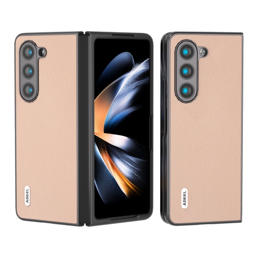 

For Samsung Galaxy Z Fold5 ABEEL Genuine Leather + PC Litchi Texture Phone Case(Pink Gold)