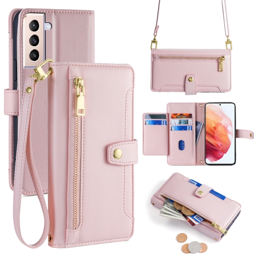 

For Samsung Galaxy S21 5G Sheep Texture Cross-body Zipper Wallet Leather Phone Case(Pink)