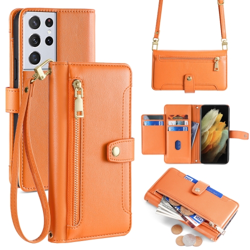 

For Samsung Galaxy S21 Ultra 5G Sheep Texture Cross-body Zipper Wallet Leather Phone Case(Orange)