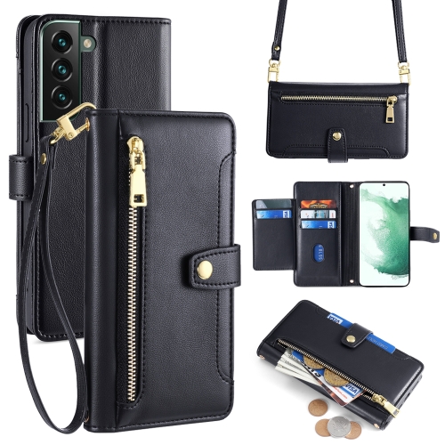 

For Samsung Galaxy S22+ 5G Sheep Texture Cross-body Zipper Wallet Leather Phone Case(Black)