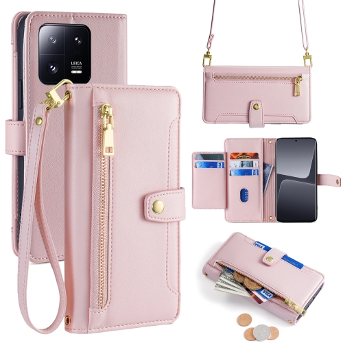 

For Xiaomi 13 Pro Sheep Texture Cross-body Zipper Wallet Leather Phone Case(Pink)