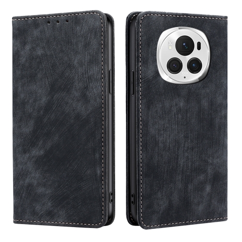

For Honor Magic6 Pro RFID Anti-theft Brush Magnetic Leather Phone Case(Black)