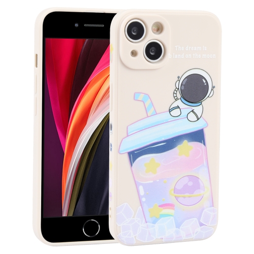 

For iPhone SE 2022 / SE 2020 / 8 / 7 Milk Tea Astronaut Pattern Liquid Silicone Phone Case(Ivory White)